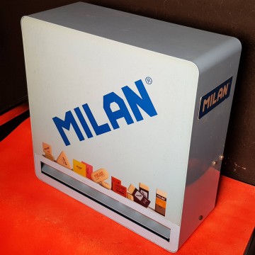 Dispensador gomas de borrar Milán años 80 metal papelería publicidad