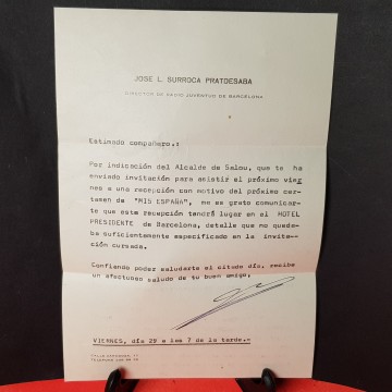 Carta con rúbrica de José Luis Surroca pratdesaba, director Radio Juventud Barcelona