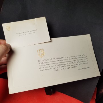 Tarjeta de visita del alcalde de Salou e invitación Miss España 1966
